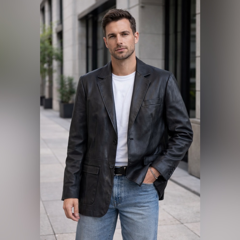 Castro man Black Leather Jacket 100% fine real leather.